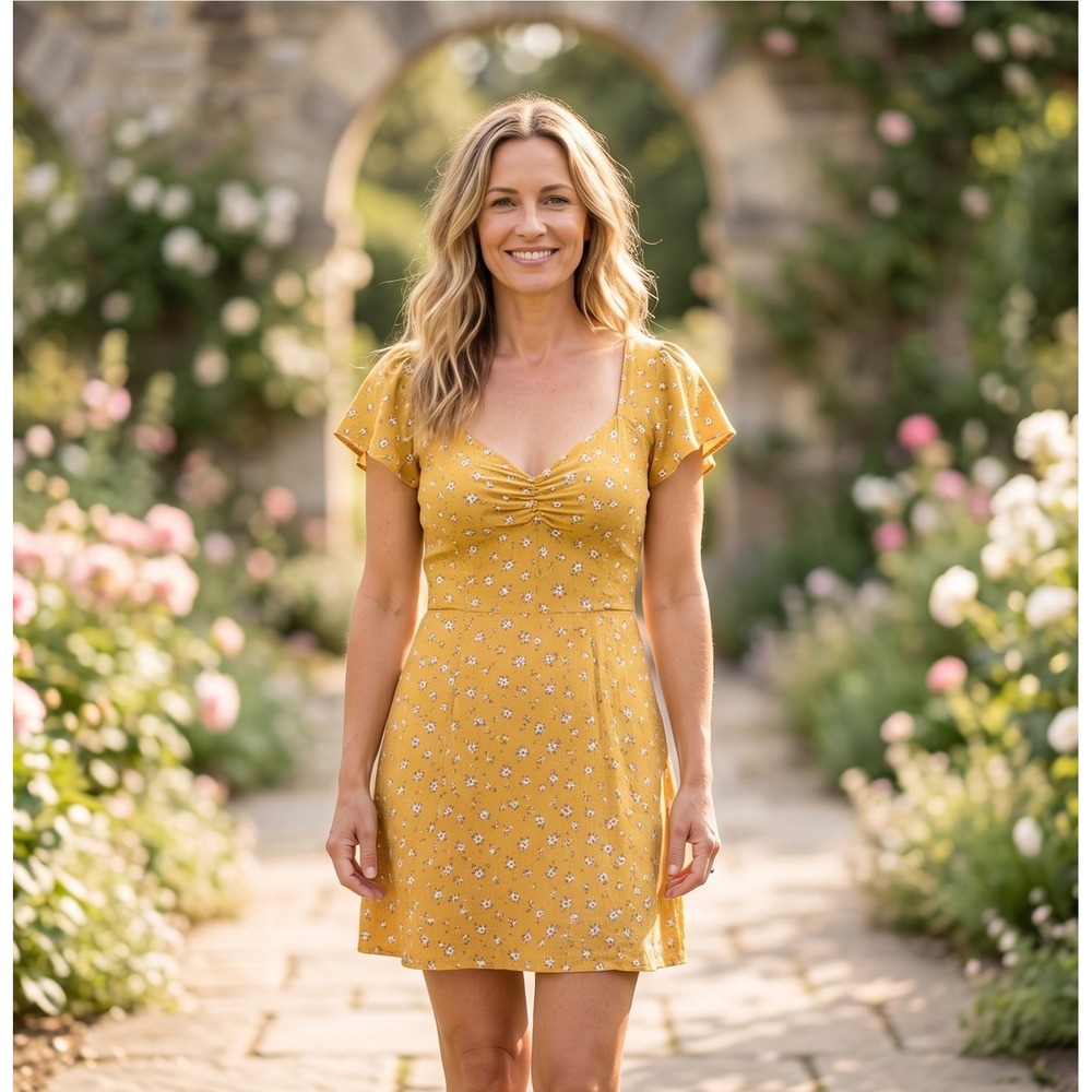 Abercrombie & Fitch Mustard Yellow Floral Mini Dress Womens Small NWT